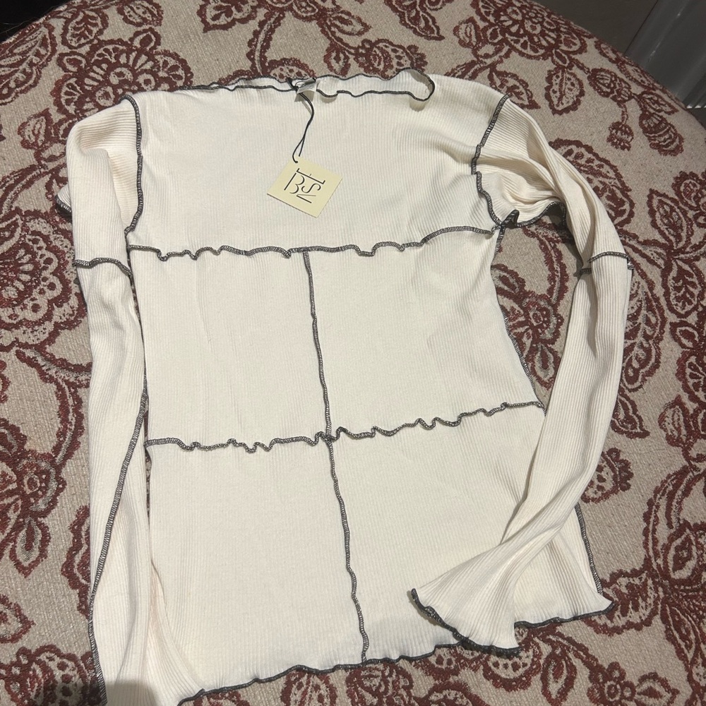 Cream Long Sleeve Top with Black Stitching